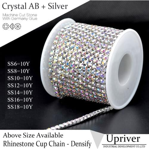 Upriver Crystal AB Silver Base Densify Claw Shiny Glass Rhinestone Cup Chain 10yards/roll For Wedding Dress