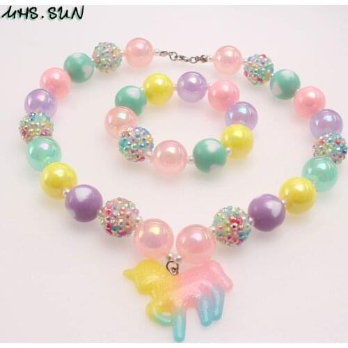 MHS.SUN Summer Colorful Beads Necklace Bracelets Cute Unicorn Pendant Chunky Beads Jewelry Set For Girls Kids Child Gifts New