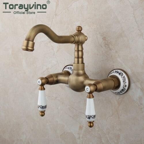 Torayvino Antique Brass 360 Swivel Bathroom Faucet Basin Sink Wall Mounted Bathtub Faucet Ceramic Dual Handle Mixer Water Tap