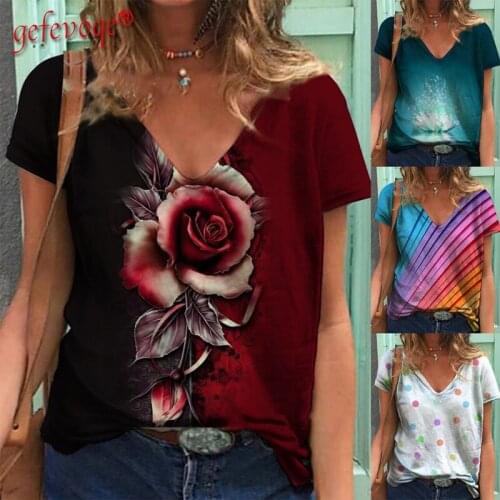 Women Harajuku Graphic Print Floral T-shirt Summer V-neck Aesthetic Loose Tees Tops Casual Short Sleeve Streetwear Tshirt Femme