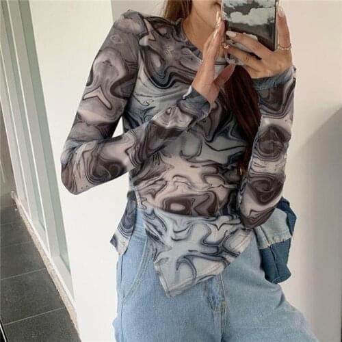 Women Tie-dye T-shirt Blouse Summer Mesh See Through Irregular Long Sleeve Round Neck Slit Pullover Tops for Ladies Shirts