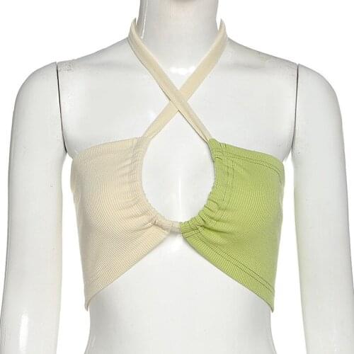 Womens Sexy Contrast Color Camisole, Lace-up Halter Midriff-baring Backless Slim Elastic Boob Tube Top