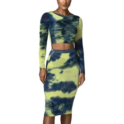 Women Autumn 2 Pieces Outfits Long Sleeve O-Neck Pullover Crop Top High Waist Bodycon Midi Skirt Set Gradient Tie-Dye Print Part