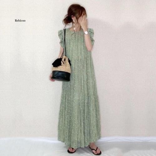 Women Fashion Flower Printed Long Dress Korean Japanese Green a Line Simple Elegant Summer Spring Casual Vacation Dating
