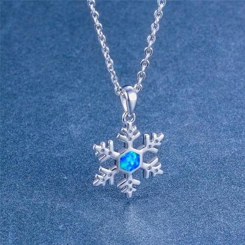 Female Cute Small Snowflake Pendant Necklace Trendy Blue White Opal Chain Necklace Boho Silver Color Wedding Necklaces For Women