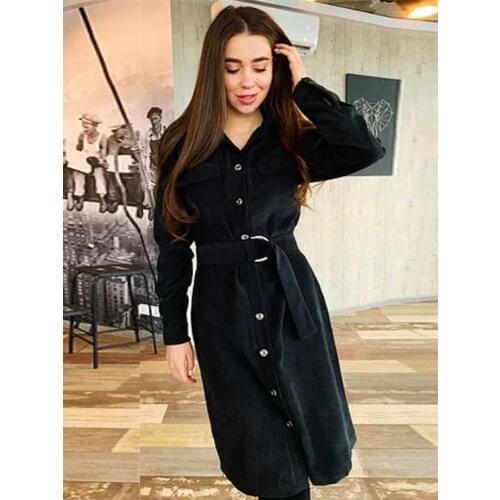Women Casual A-Line Button Belt Dress Deep Turn Down Collar Solid Long Sleeve Pocket Elegant Dress 2020 New Party Prom Dress
