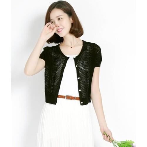 New Fashion Summer Hollow Out Knit Coat Elegant Ladys V-Neck Thin Knitwear Cardigan Short Sleeve