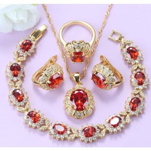 10-Colors Bridal Wedding Costume Red Garnet Charm Bracelet Necklace And Clip Earrings Brazilian Gold-Color Jewelry Set For Women