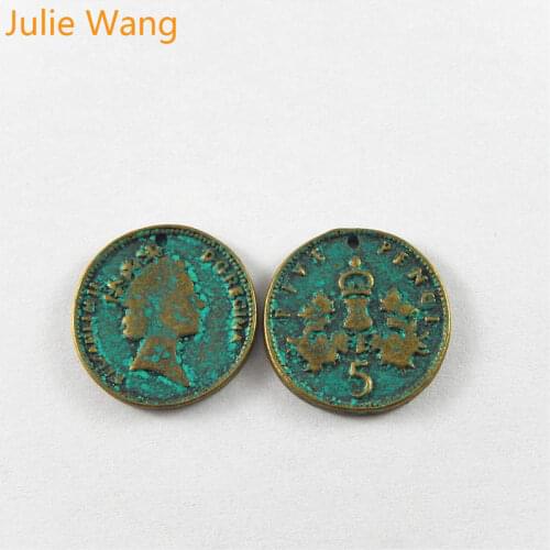 Julie Wang 20PCS 5 Pence Coin Charms Antique Green Bronze Pendants Bracelet Jewelry Making Earring Necklace Handcrafts Finding