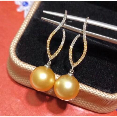 D325 Pearls Earrings Fine Jewelry Natural 9-10mm Fresh Water Round Golden Pearls for Women FIne Drop Earrings
