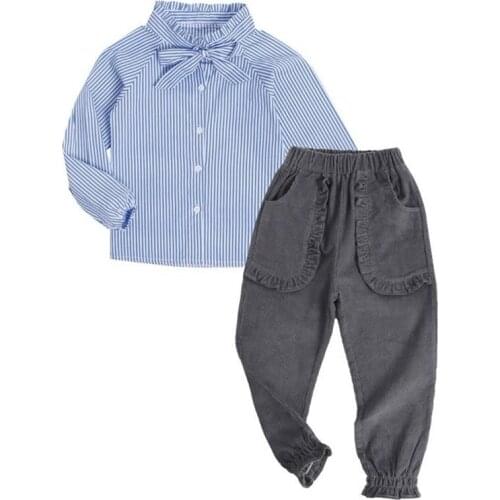 DFXD Girls Clothing Set 2018 Fashion New Spring Cotton Long Sleeve Blue Striped Bowknot Blouse+Corduroy Pant 2pc Kids Suit 3-12Y