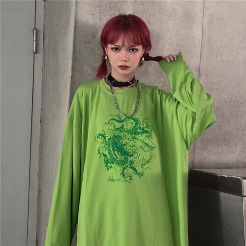 Ulzzang Hip-hop Punk Harajuku dragon print Unisex tops Tees Long-sleeve Casual Funny Chic Cotton Oversize gothic women T-shirt