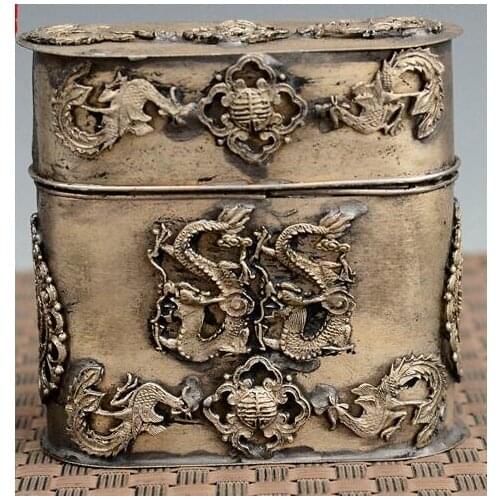 Exquisite Chinese old-style Tibetan silver Dragon Phoenix Statue Toothpick Box, Cigarettes Case++++Free Shipping
