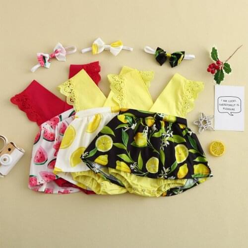 Infant Baby Girls Romper Sleeveless Creative Printing Lemon Watermelon Lace Romper Bodysuit+headband Summer Girl Clothes