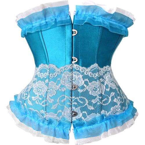 Sexy Womens Artificial Silk Lace Trim Ruffles Underbust Corset Mysterious Boned Lace up Waist Cincher Bustier Lingerie Top