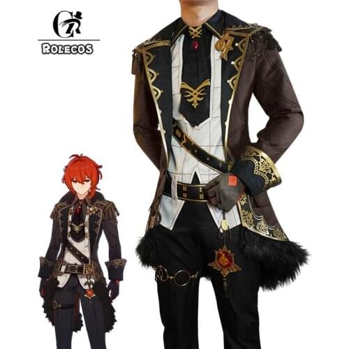 ROLECOS Genshin Impact Diluc Cosplay Costume Genshin Impact Cosplay Diluc Costumes Game Cos Halloween Full Set Coat Pants Gloves