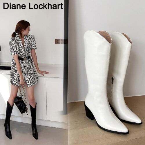 Western Boots Women Knee High Cowboy Boots Fashion Pointed Toe Sewing Shoes Female High Heels Thick Shoes Ladies Winter White