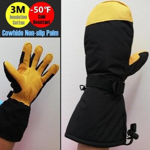 Adult Ski Gloves,Winter Thickened Fleece Warm Men&Women Windproof Gloves Cowhide leather Non-slip Palm Waterproof Elbow Mittens