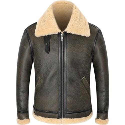B-3 Genuine Leather Sheepskin Shearling Coat Mens Pilot Aviator Bomber Jacket Vintage Short Winter Thick Warm Sheep Fur Coat