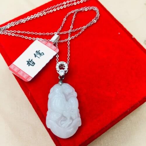Natural Burmese Ajadeite Carved Zodiac Pendant with 925 Sterling Silver Necklace Elegant Lady Jade Clavicle Chain