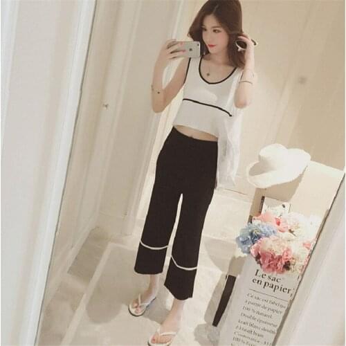 2019 New women knitted short sleeve sweater straight pants suits two piece set vintage tracksuit outfit S-2XL