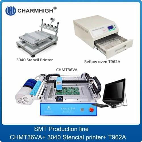 SMT Production line: CHM-T36VA Vision Pick and Place Machine chmt36va + 3040 Stencil Printer + Reflow Oven T962A