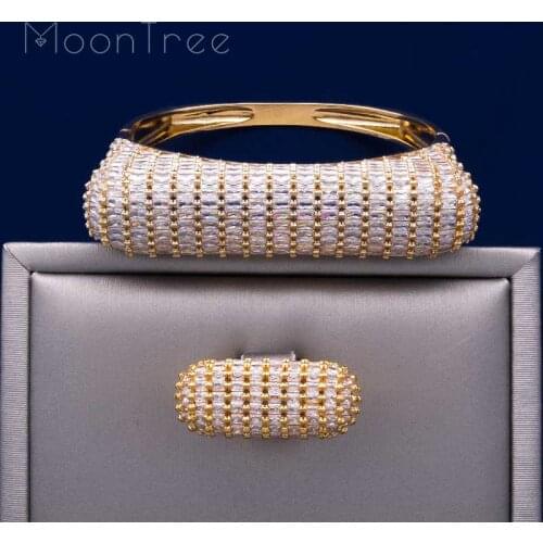 MoonTree Luxury Square Shape Full Cubic Zircons Copper Jewelry Wide Bangles Ring Set For Party Wedding Women Bridals Bijoux