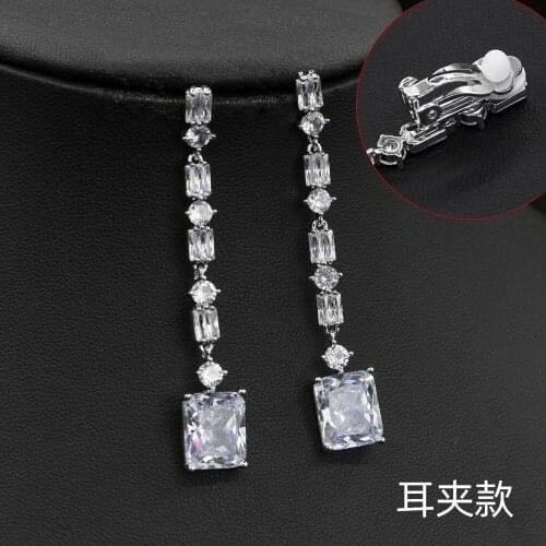 New Fashion Baguette Cubic Zirconia Square Shape Wedding Big Earrings clip for Women Fashion Jewelry Brincos
