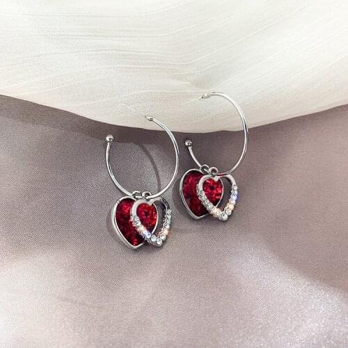 Korean Style Elegance Red Blue Crystal Love Heart C Shape Drop Earrings Bride Women Lady Party Wedding Xmas Gift