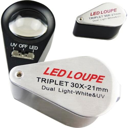 Jeweler Loupe Magnifier Jewelry Tools 30x Magnification Power 21mm Triplet Loupe w/ LED and UV Light Foldable
