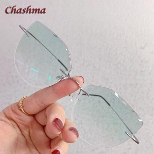 Cat Eye Glasses Women Eyeglasses Frames Rimless Green Tint Colored Prescription Glass Diamonds Trimmed Anti Resistance Lens