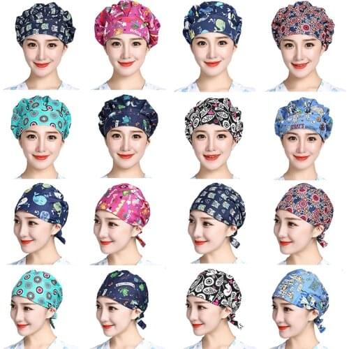 Womens Scrub Hats Cartoon Flower Printed Cotton Washable Caps Adjustable Bouffant Head Cover Staff Work Wear Hats Accessories