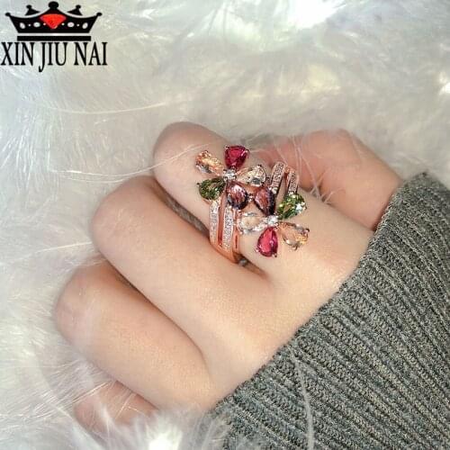 Natural colored gemstone tourmaline ring female candy color amethyst ring aquamarine Colorful party womens accessories