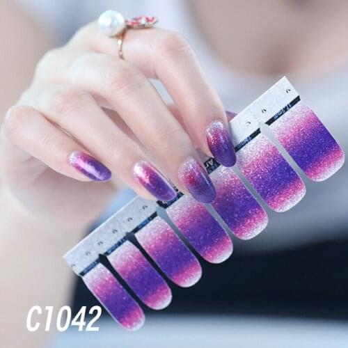 14tips/sheet Gradient Color Nail Sticker Glitter Powder Tips Full Cover Back Glue Nail Art Wraps Faux Ongles Decortions Manicure