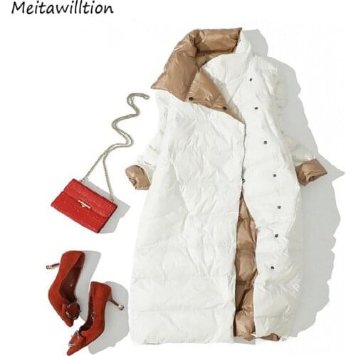 2020 Women Double Sided Long Down Jacket Winter Turtleneck White Duck Down Coat Korean Light Warm Outwear Tops