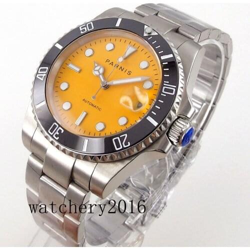 40mm PARNIS sapphire Orange dial Black Ceramic Bezel Sapphire Glass date Miyota 8215 Automatic movement Mens Watch