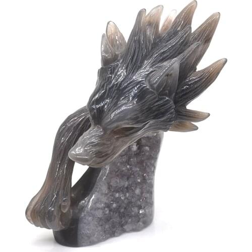 6.2" Wolf Statue Natural Gray Agate Geode Cluster Healing Crystal Stones Carving Animals Figurines Reiki Home Decoration Gift