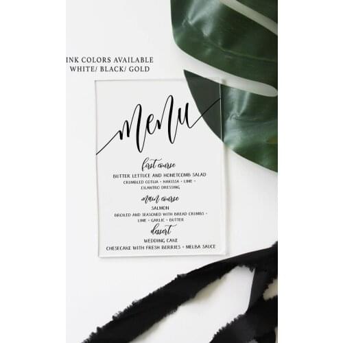 Clear Acrylic menu wedding black white gold transparent perspex sign table numbers modern calligraphy event food menu plexiglass