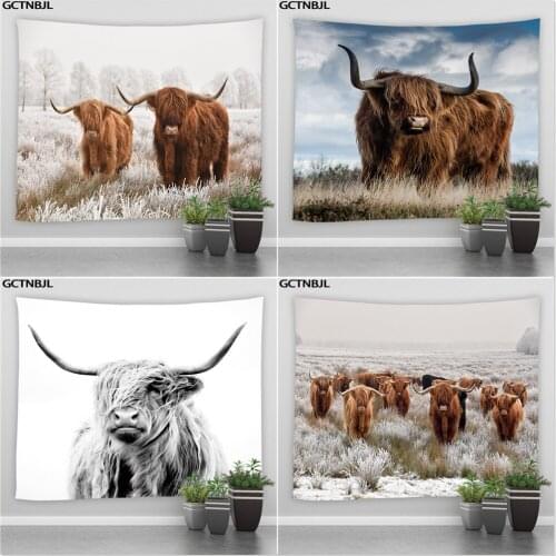 Highland Cows Large Tapestry Wild Animals Cattle Art Wall Hanging Background Hippie Tapestries Bedroom Living Room Decor Blanket