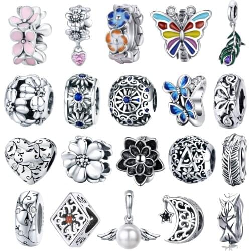 BISAER 100% 925 Sterling Silver Flower Charms Bloosm Butterfly Beads Fit Original Bracelet For Women DIY Jewelry Making ECC1323