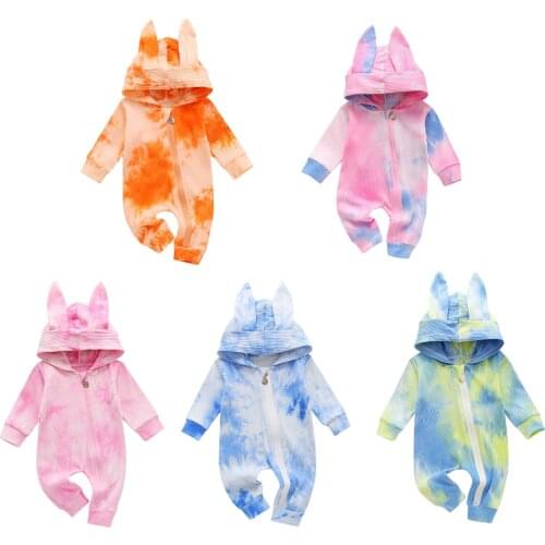 Citgeett Autumn 0-24M Baby Girls Boys Tie Dye Romper Long Sleeve Zipper Knitting Hooded Jumpsuit Baby Spring Clothing