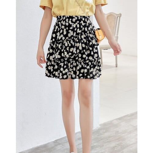 Womens Floral Chiffon Skirt Small Daisy Print Short Skirt High Waist Irregular Pleated Fishtail Tutu Skirt Casual Y2K Met Loose