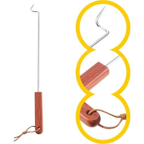 1Pc Food Flipper Meat Turning Tool BBQ Meat Turner Hook with Wooden Handle