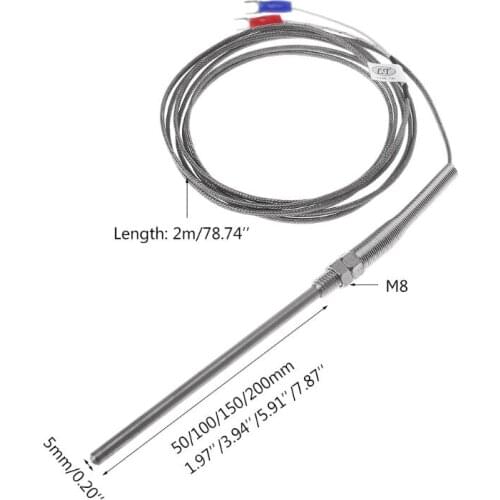 K type Thermocouple 2m Cable M8 Thread Temperature Sensor Probe 50mm/100mm/200mm