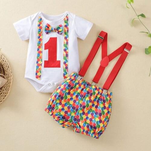 1 Years Old Birthday Baby Boy Outfits Summer Clothing Set Bowtie Bodysuit Suspender Shorts Sets Toddler Infant Outfit 2021 New