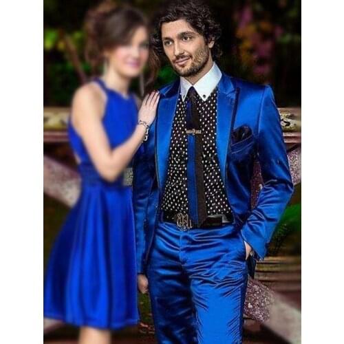 Handsome Shiny Satin Mens Evening Dress Toast Blazers Business Suits Coat Trousers Sets Groom Tuxedos (Jacket+Pants+Tie) W:552