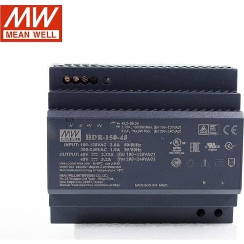 MEAN WELL HDR-150-48 150W 48V DIN Rail Switching Power Supply 110V/220V AC to 48V DC 3.2A Slim Step Shape Voltage adjustable
