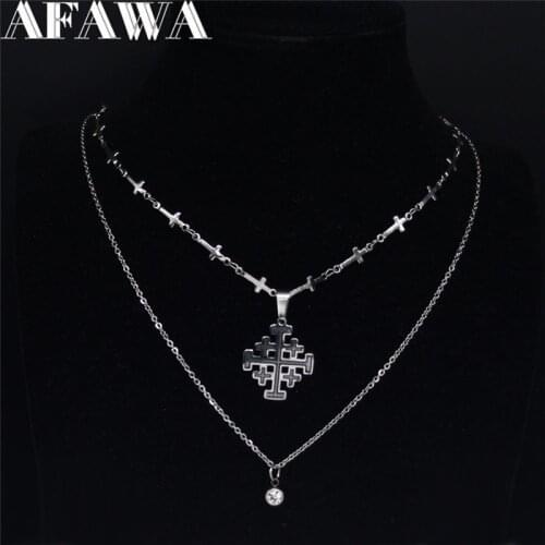 2021 Jerusalem Cross Stainless Steel Layered Necklace Men/Women Silver Color Statement Necklace Jewelry colier femme N1998S02