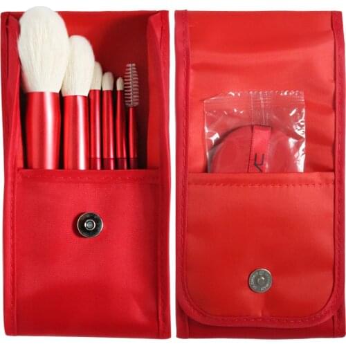 Red 6Pcs/Set Natural Goat Hair Makeup Brush Set with Bag and Air Puff Beauty Blending Powder Blush Eye Eyelash Brush Kit