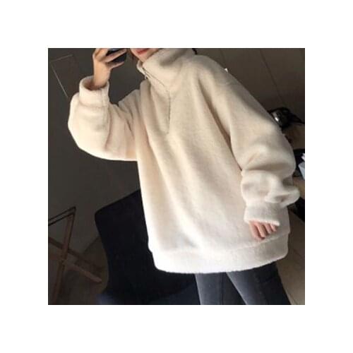 Fall/Winter Ladies Hoodie Lamb Wool Zip Turtleneck Cashmere Sports Pullover Harajuku Loose Fleece Ladies Sweatshirt 2021